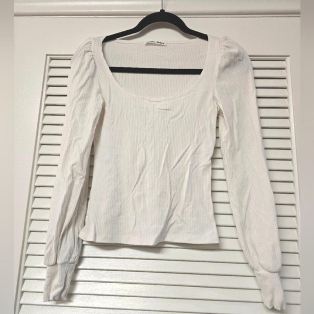 Reformation Jeans - White Ribbed Long Knit Balloon Sleeve Square Neckline Top